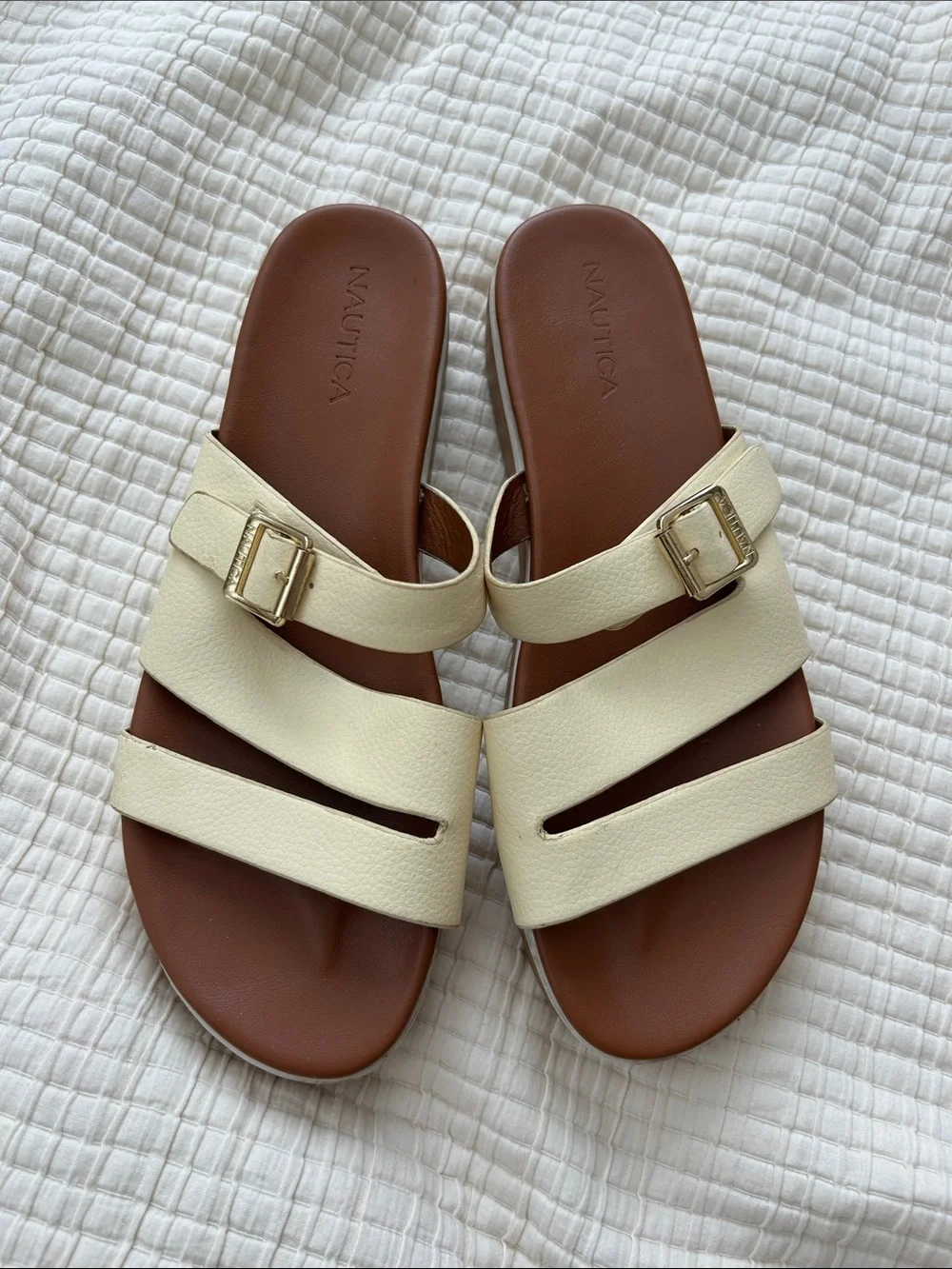 Nautica Women's butter yellow and Brown Buckle Slide Sandals
